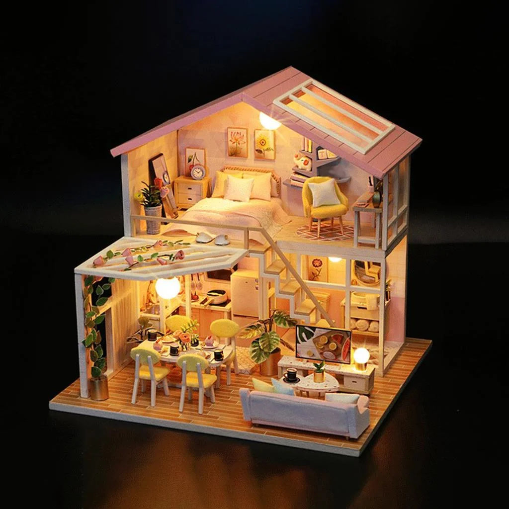 Wooden Doll House Building Puzzle with Furniture and LED Light K4953