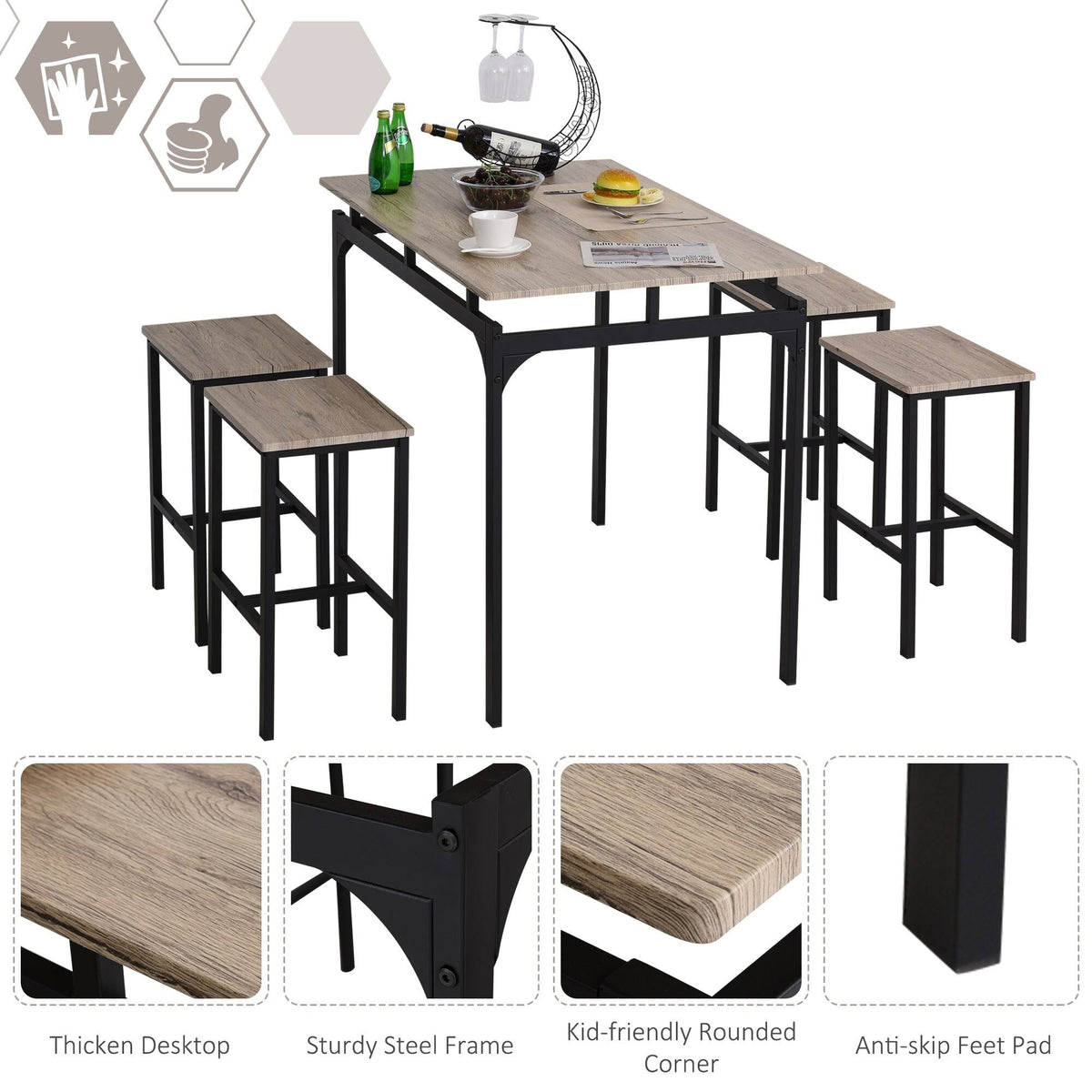5 Piece Kitchen Table and 4 Stools Dining Set with Metal Legs N7102