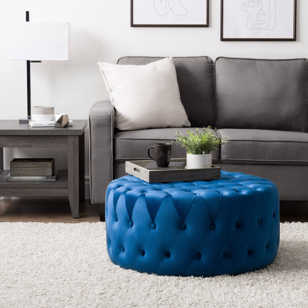 Blue Velvet Large Round Tufted Ottoman S8684