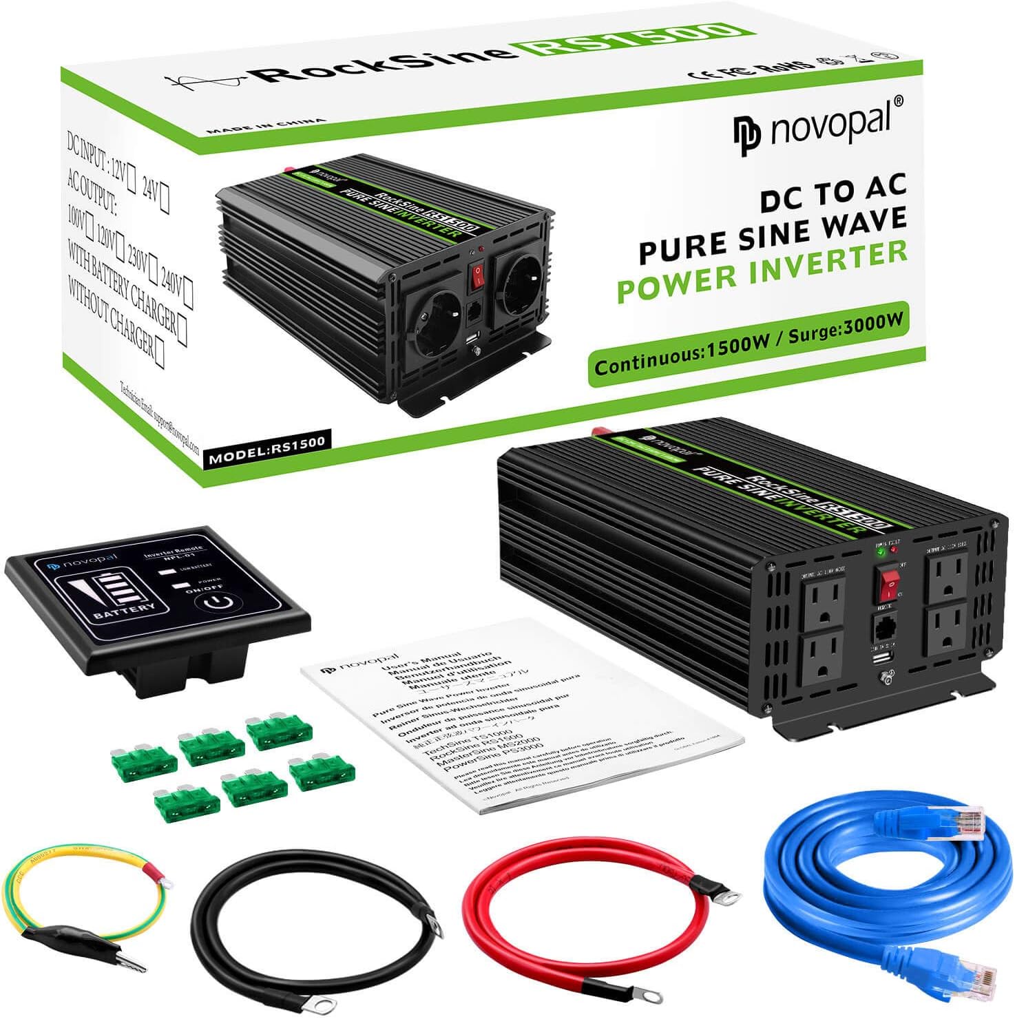 1500 Watt 12V DC to 110V AC Pure Sine Wave Power Inverter with 4 AC Outlets and Remote Control H7877