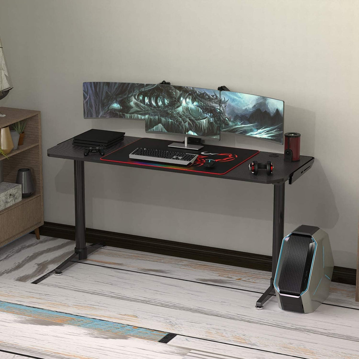 Black 60 inch Gaming Computer Desk with Carbon Fiber Surface R3719