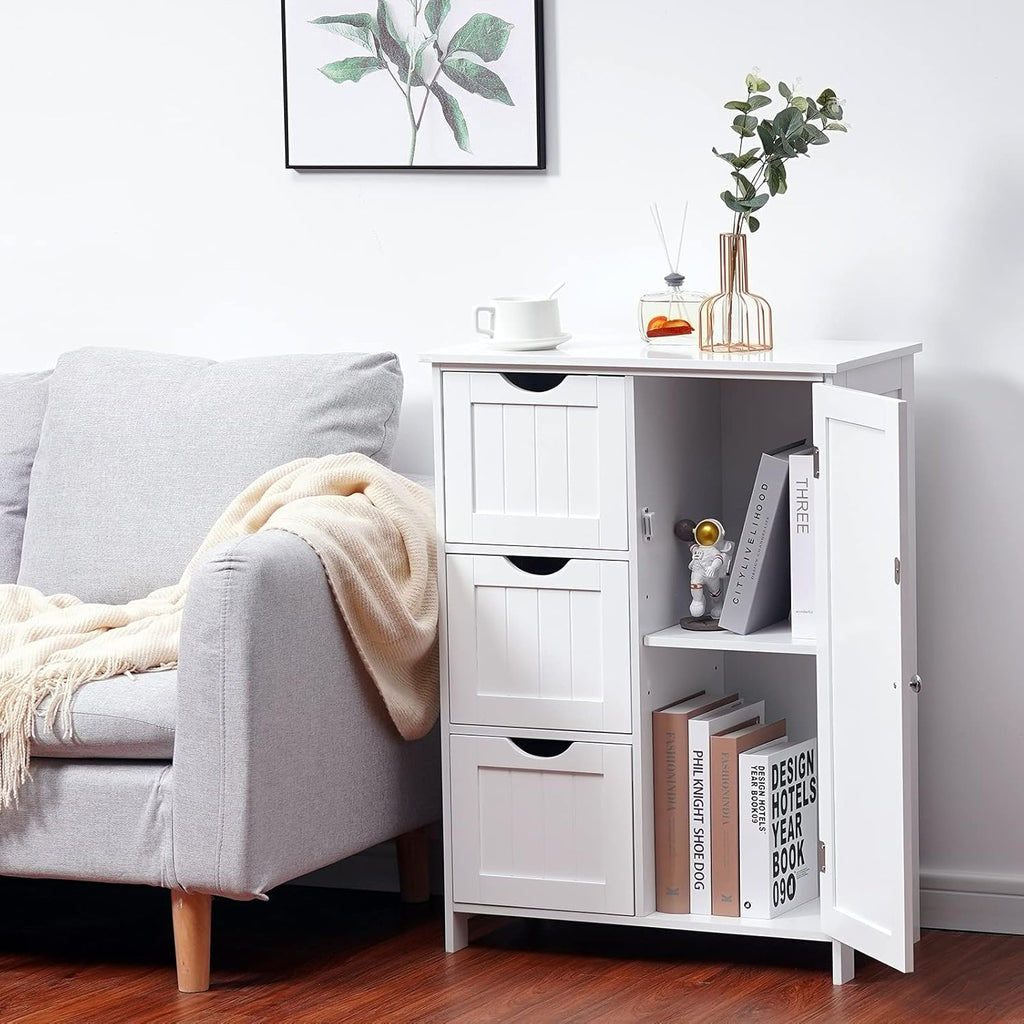 White Wooden Freestanding Bathroom Floor Cabinet with 1 Cupboard and 3 Drawers Y69844