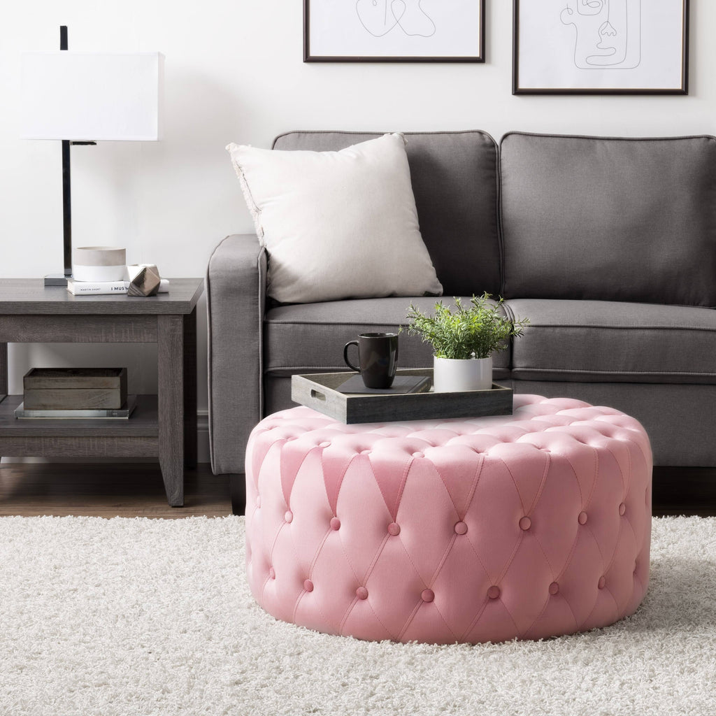 Blue Velvet Large Round Tufted Ottoman S8684