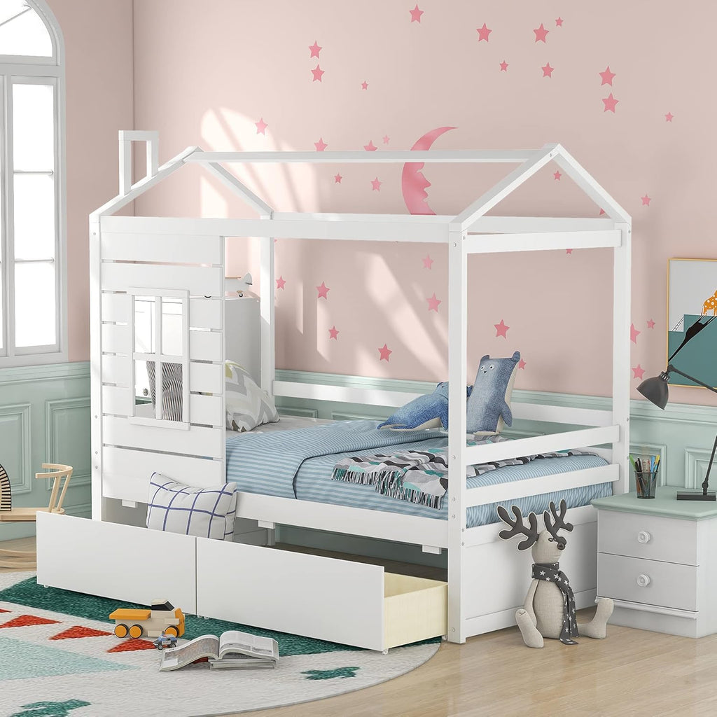 White Twin Wooden Bed Frame with Roof B2039