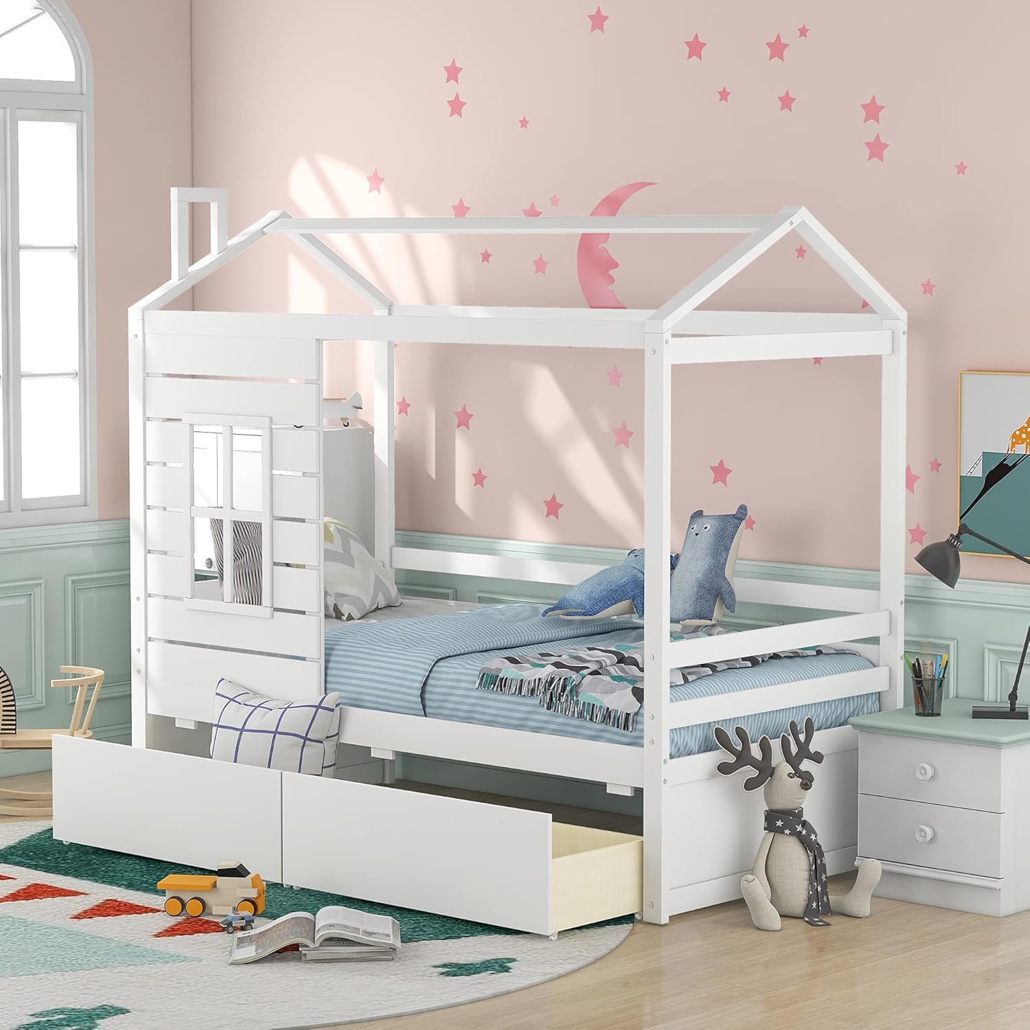 White Twin Wooden Bed Frame with Roof B2039
