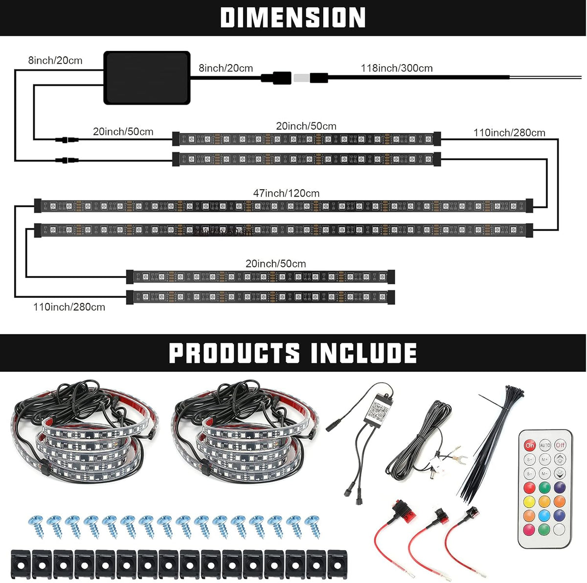Vehicle Underglow LED Strip Lights with Bluetooth APP Control 12V Underbody Light Kit Pack of 2 T514