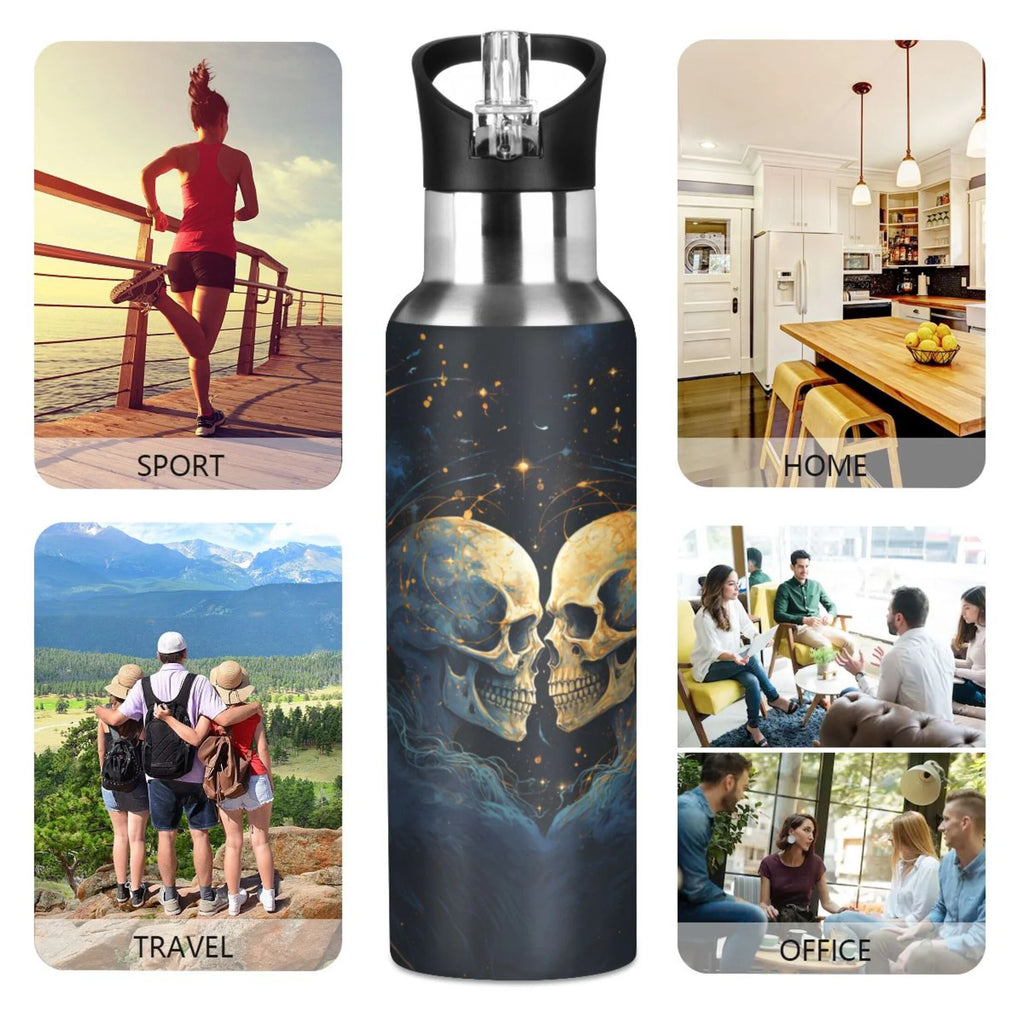Two Human Skeleton Stainless Steel Water Bottles with Straw Lid 20 oz K55193