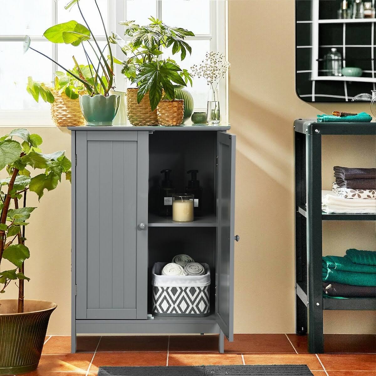 Gray Double Door Bathroom Floor Cabinet I88670
