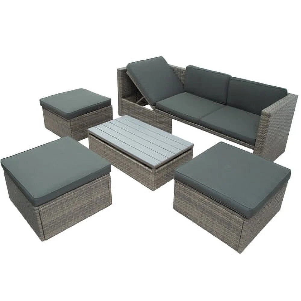 5-Piece Patio Wicker Sofa with Ottomans and Lift Top Coffee Table, Gray M9294