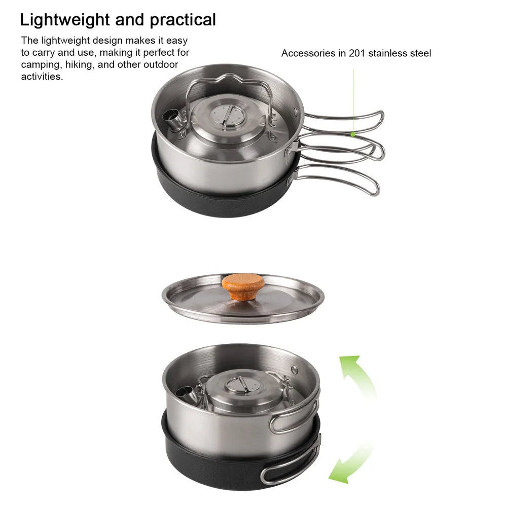 Stainless Steel Camping Cookware Set with Pot Frying Pan Kettle J3784