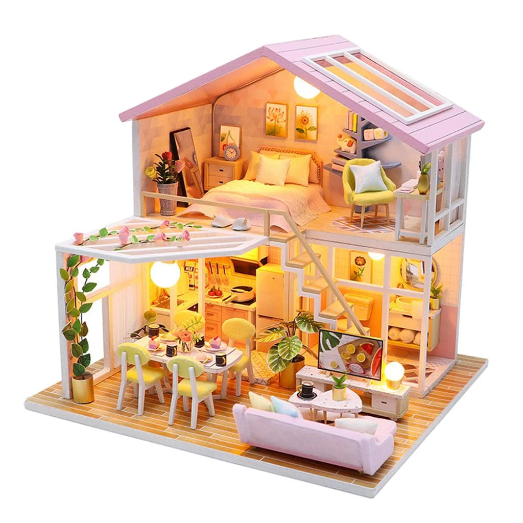 Wooden Doll House Building Puzzle with Furniture and LED Light K4953