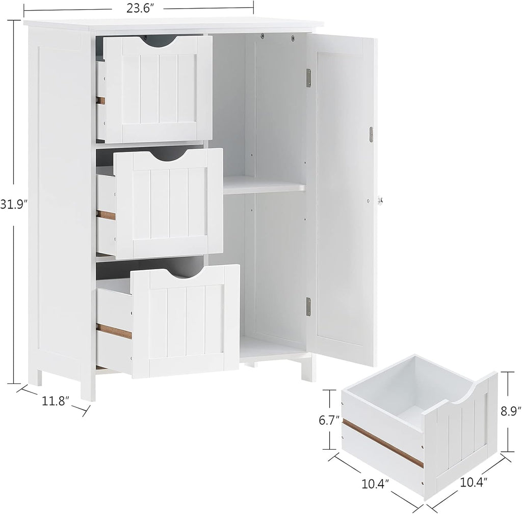 White Wooden Freestanding Bathroom Floor Cabinet with 1 Cupboard and 3 Drawers Y69844