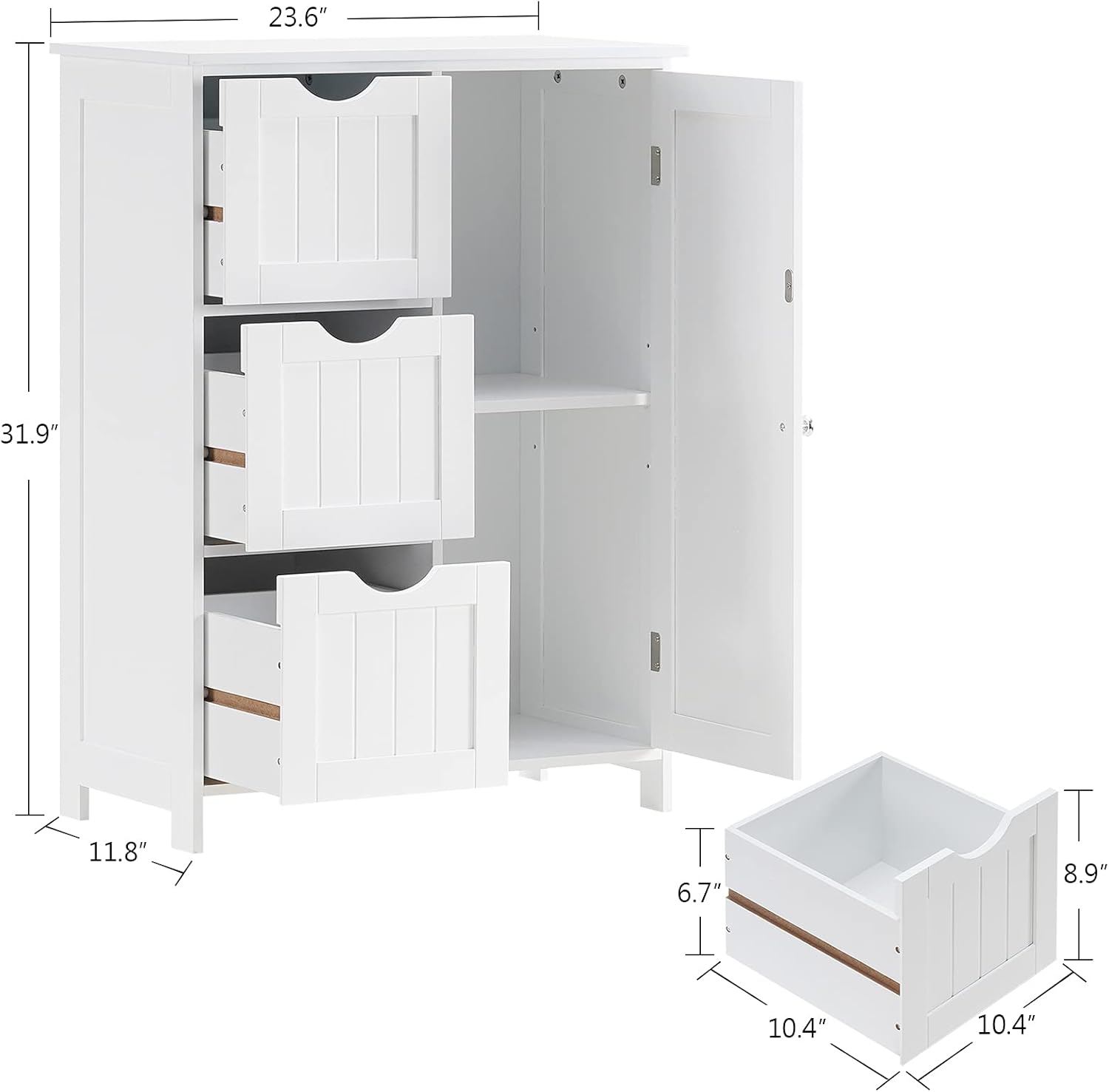 White Wooden Freestanding Bathroom Floor Cabinet with 1 Cupboard and 3 Drawers Y69844
