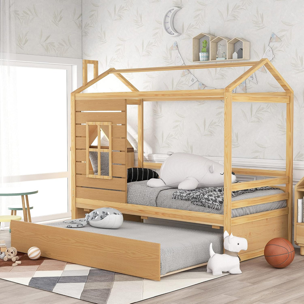 White Twin Wooden Bed Frame with Roof B2039