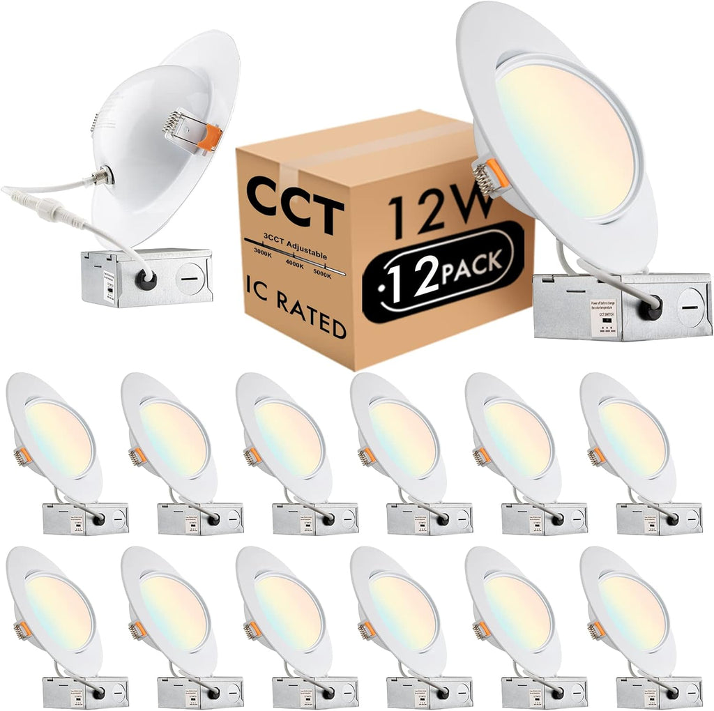 12 Pack 5/6 Inch Gimbal LED Recessed Light, Dimmable, 3000K/4000K/5000K, 12W=110W 1200LM, IC Rated V671