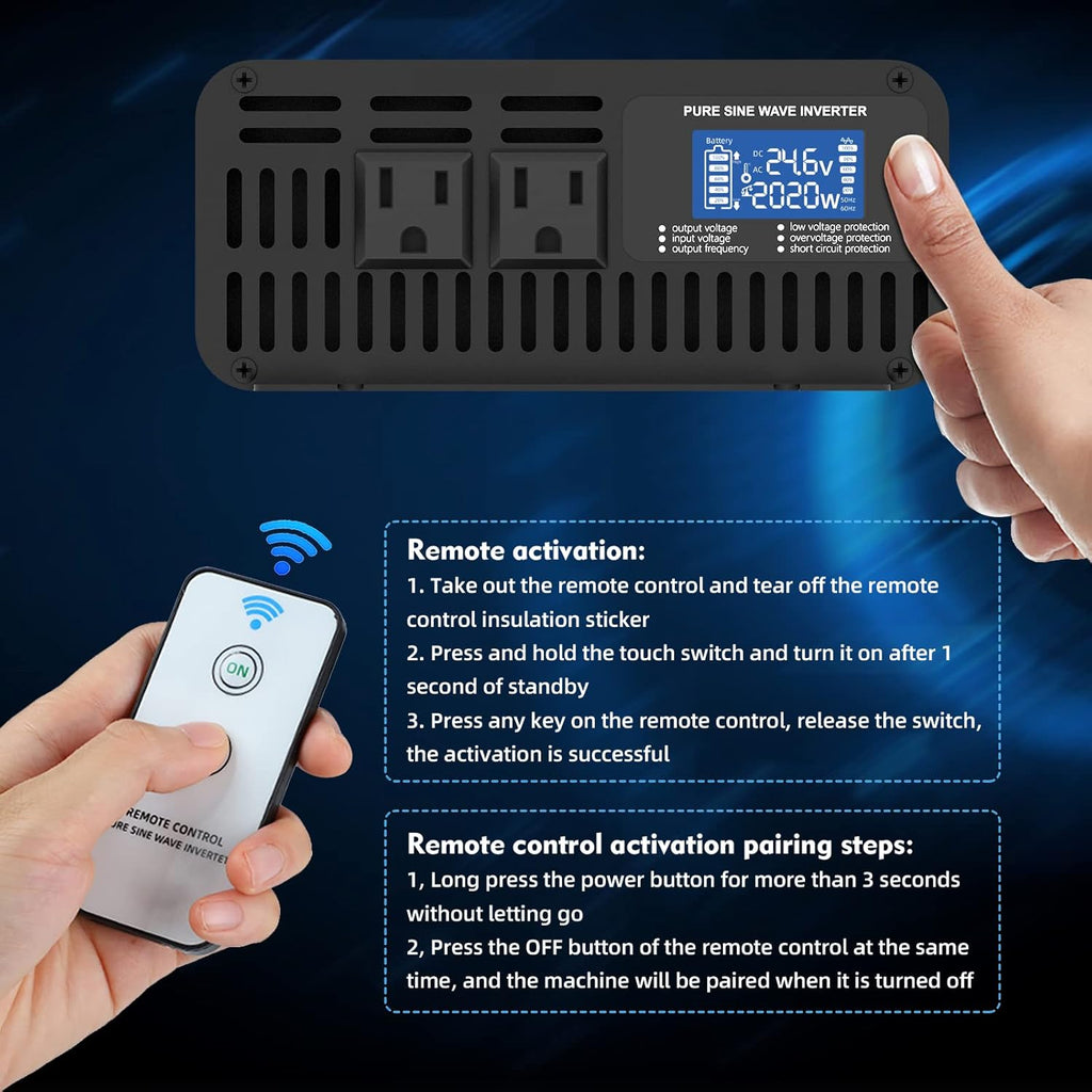 1000W Pure Sine Wave Power Inverter DC 24V to AC 110V-130V with LCD Display and Wireless Remote Control H5087