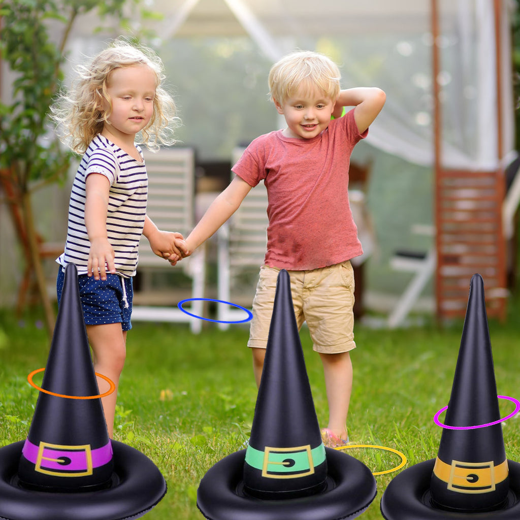 11 Pack Halloween Inflatable Witch Hat Ring Toss Game Set with Plastic Ring Toss and Inflatable Witch Hats D7241