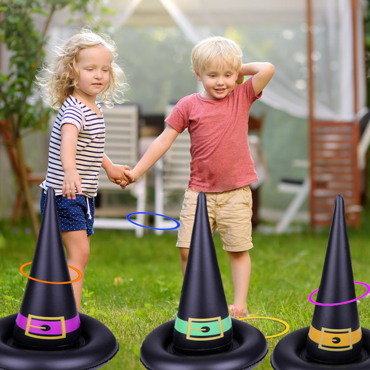 11 Pack Halloween Inflatable Witch Hat Ring Toss Game Set with Plastic Ring Toss and Inflatable Witch Hats D7241