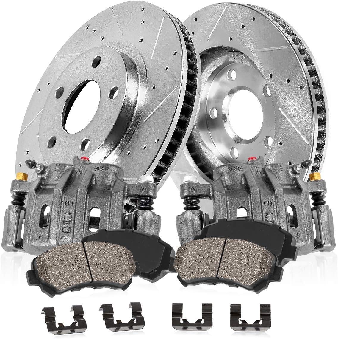 [2] Calipers + [2] Drilled/Slotted Rotors + [4] Ceramic Pads Kit P8049