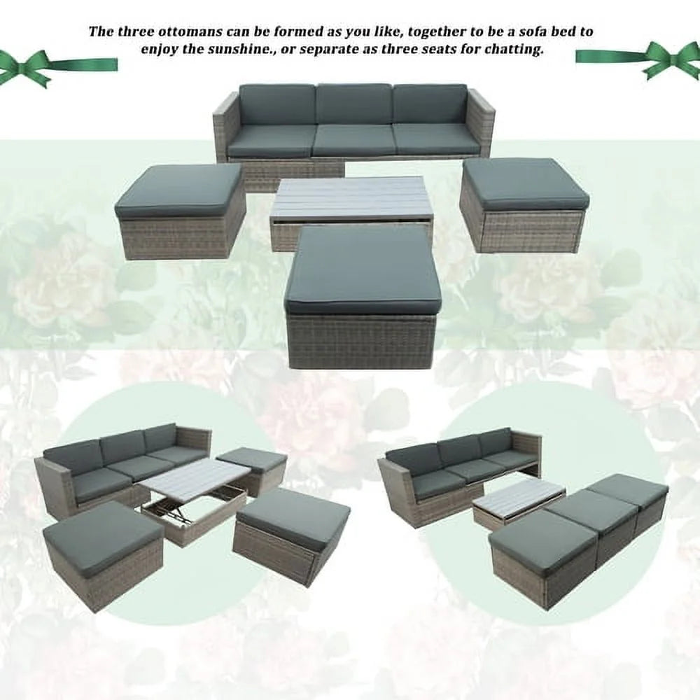 5-Piece Patio Wicker Sofa with Ottomans and Lift Top Coffee Table, Gray M9294