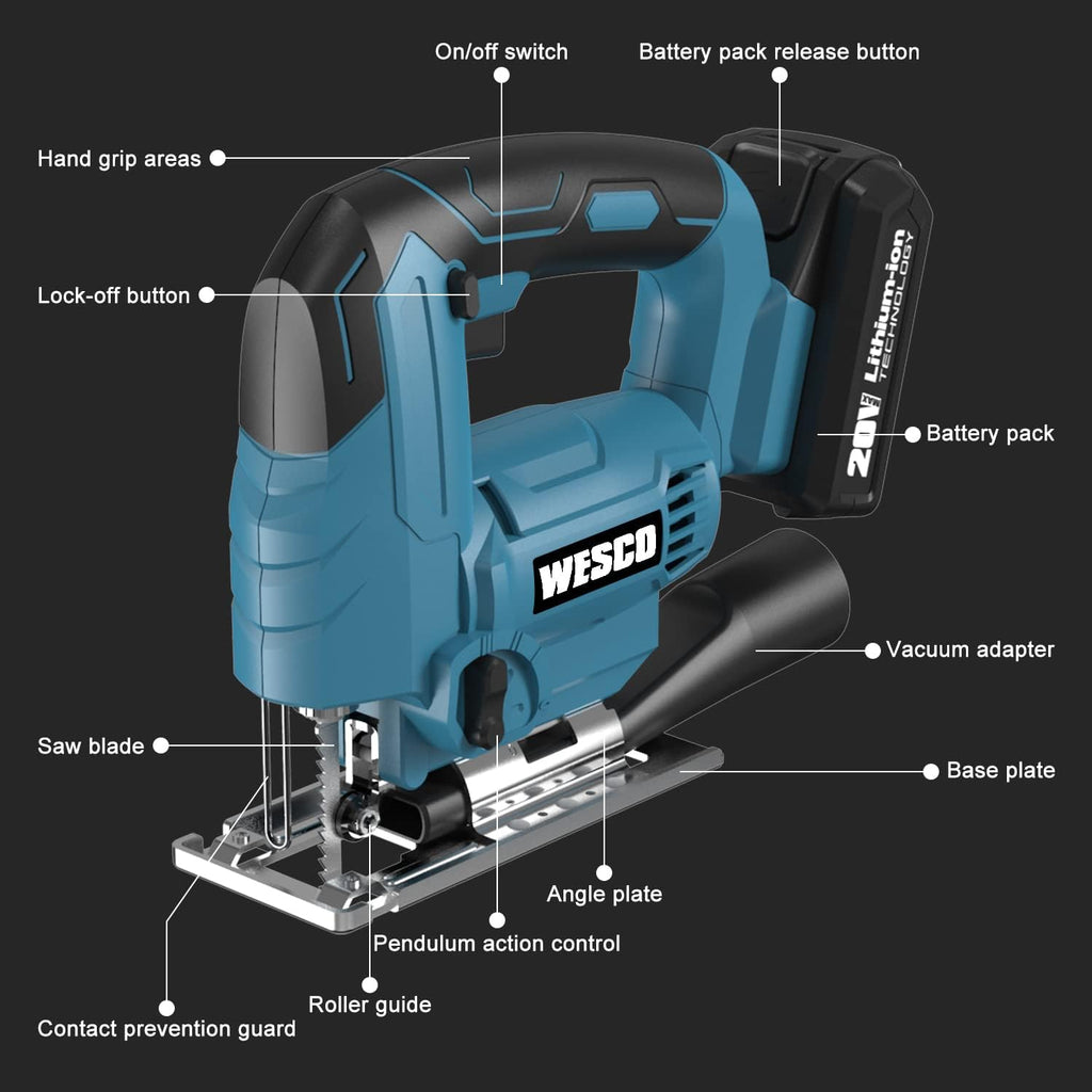 Cordless Jigsaw Tool with Battery, 2500SPM, ±45° Bevel, Adjustable Aluminum Base, LED Light, Pack of 2 Z793458