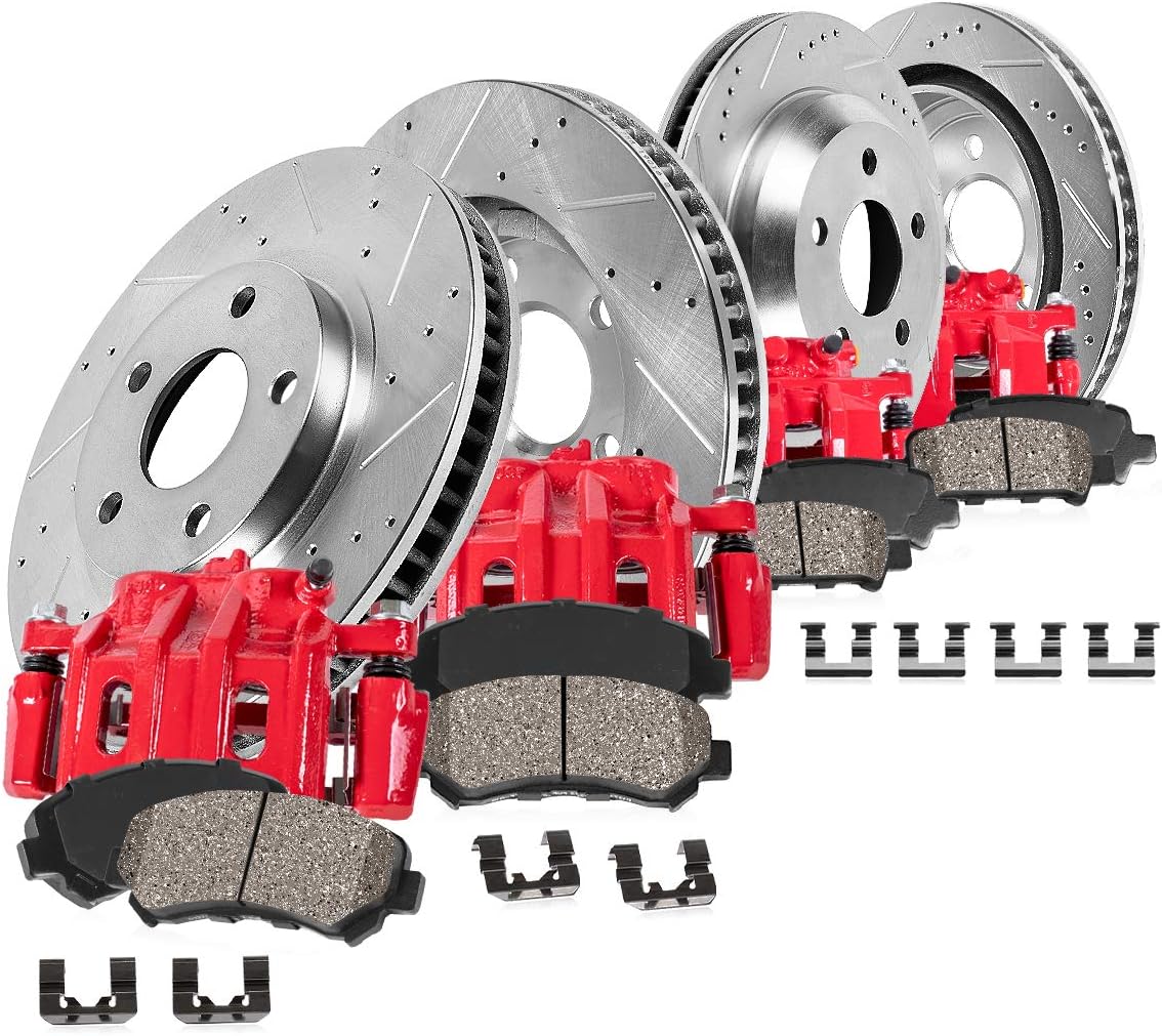 Powder Coated Red Calipers with Zinc Plated Rotors and Ceramic Pads Y6068