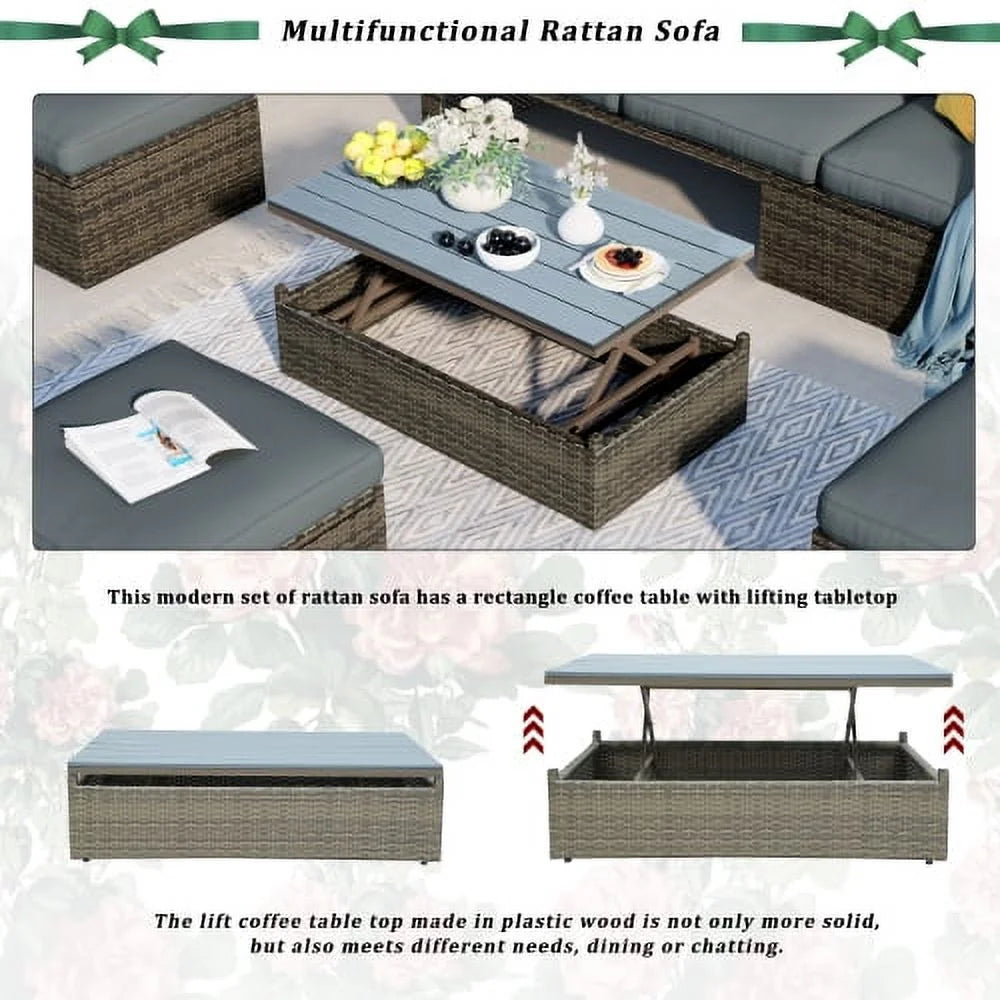 5-Piece Patio Wicker Sofa with Ottomans and Lift Top Coffee Table, Gray M9294
