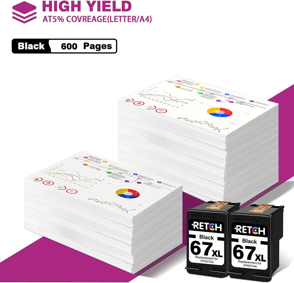 Black Ink Cartridges for HP 67XL Printer (2 Black) P65067