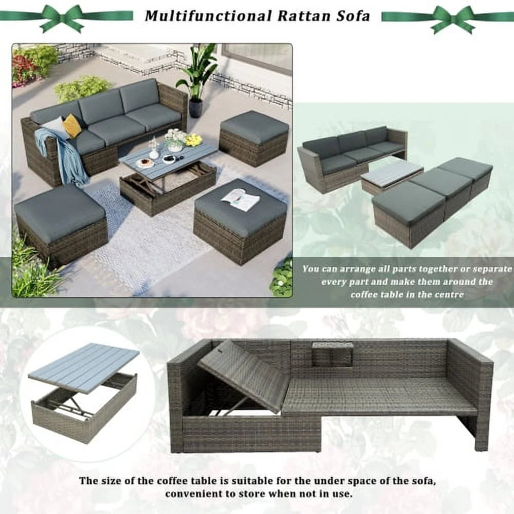 5-Piece Patio Wicker Sofa with Ottomans and Lift Top Coffee Table, Gray M9294